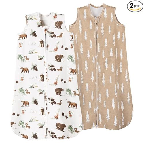 david's kids 100% Organic Cotton Baby Sleep Sack 0-6 Months, Soft Baby Wearable Blankets with 2-Way Zipper, 2 Pack Comfy Sleeping Bags for Infant Newborn Boys Girls Neutral, Small Size, Woodland