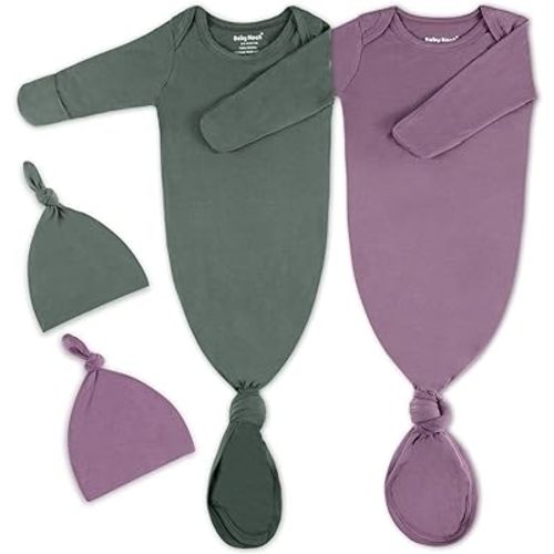 2Pk Newborn Baby Knotted Gown, Super Soft Silky Infant Long Sleeve Sleeper for Baby Sleeping with Hat or Headband (2 Packs)