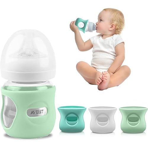 Silicone Avent Glass Bottle Sleeve, Anti Breakage & Scratch-Proof, Protect Philips Avent Glass Bottles, Food-Grade Silicone, BPA Free, 4 oz Baby Bottle Holder (White+Blue+Green)
