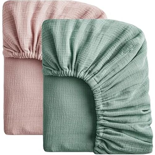 SOULFUL Mini Muslin Crib Sheets for Boys Girls, 2 Pack Soft and Breathable Cotton Fitted Crib Sheets for Standard Crib Mattress (24"x 38", Green & Dusty Rose)