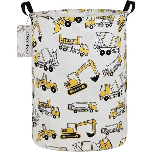 FANKANG Storage Basket, Nursery Hamper Canvas Laundry Basket Foldable with Waterproof PE Coating Large Storage Baskets for Kids Boys and Girls, Office, Bedroom, Clothes,Toys(excavator)