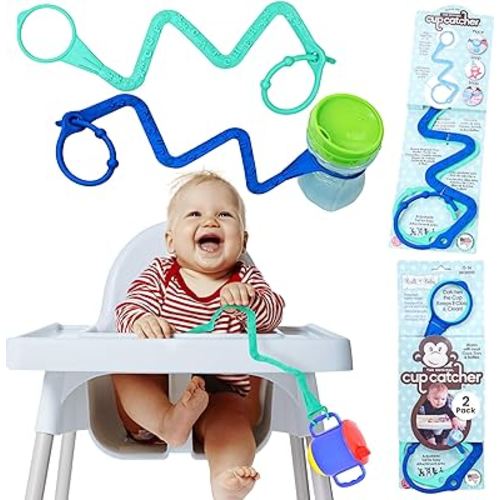 Cup Catcher - Patented Safety Tether to attach Sippy Cups, Bottles, Toys & Pacifiers to Strollers, High Chairs & Car Seats, Made in USA, FDA grade, Dishwasher Safe - 2 Pack (Aqua & Navy)