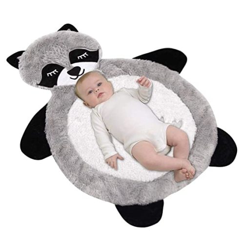 Little Grape Land Baby Play Mat for Floor, Tummy Time Mat Newborn Raccoon Themed, Activity Gym Play Mat for Babies Toddlers Infants - Grey Raccoon