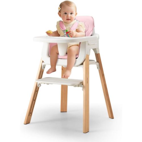 PlayPals 3-in-1 Baby High Chair, Solid Wood Highchair with 5 Point Harness and Food-Grade Tray, 5-Level Adjustable Footrest, Dining High Chair for Months Infants, Toddlers & Kids, Pink