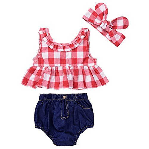 Baby Girls Plaid Ruffle Bowknot Tank Top+Denim Shorts Outfit with Headband