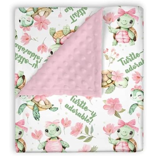 Mink Baby Girl Blanket Sea Turtle Pink Green Floral, Turtley Adorable Flower Soft Double Layer Dotted Backing Receiving Swaddle, Newborn Infant Toddler Nursery Crib Bedding Shower Gift 30 x 40