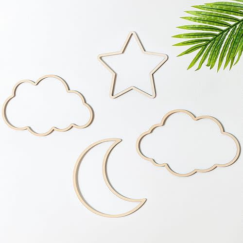 4 Pieces Boho Nursery Cloud Star Wall Decor Wooden Baby Room Moon Rattan Wall Decor Wooden Rainbow for Children Baby Kids Boys Girls Bedroom Nursery Pendant (Cloud Moon Star)