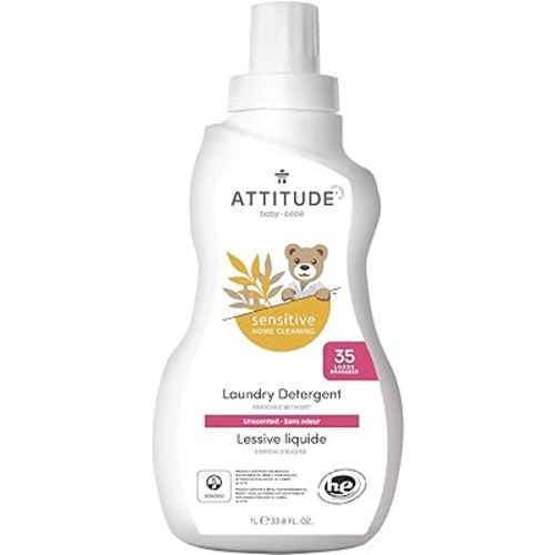 ATTITUDE Baby Laundry Detergent Liquid, EWG Verified, Safe for Baby Clothes, Infant and Newborn, Vegan and Naturally Derived Washing Soap, HE Compatible, Unscented, 33.8 Fl Oz, 35 Loads