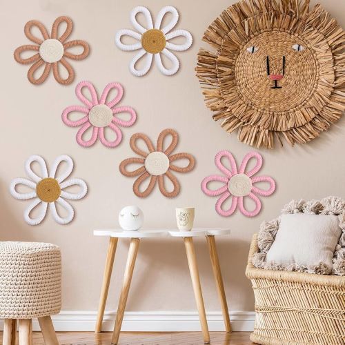 Zeyune 6 Pcs Boho Nursery Daisy Flower Wall Art Decor Woven Macrame Wall Hanging Boho Daisy Floral Nursery Art Decor for Home Bedroom Decorations(Classic Color,Yarn and Cotton Rope)