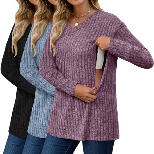 3 Pack Oversized Women's Maternity Nursing Tops Vneck Breastfeeding Sweaters Long Sleeve Hidden Zipper Shirt