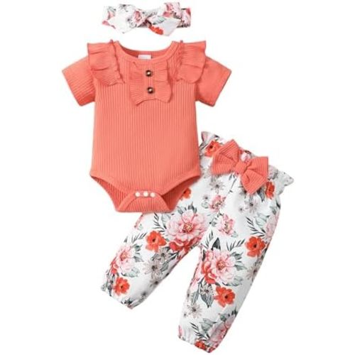 SUNNY PIGGY Baby Girl Clothes Infant Newborn Outfits Ruffle Short Sleeve Romper Tops Floral Pants Set With Headband