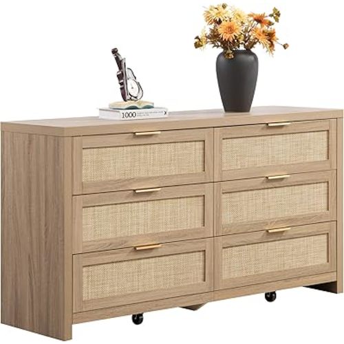 SICOTAS Rattan Dresser for Bedroom, 56.9" Wide 6 Drawer Dresser with Ample Storage, Dressers Large Chest of Drawers, Closet, Boho TV Stand for Bedroom (Reclaimed Light Oak, 1 Piece)