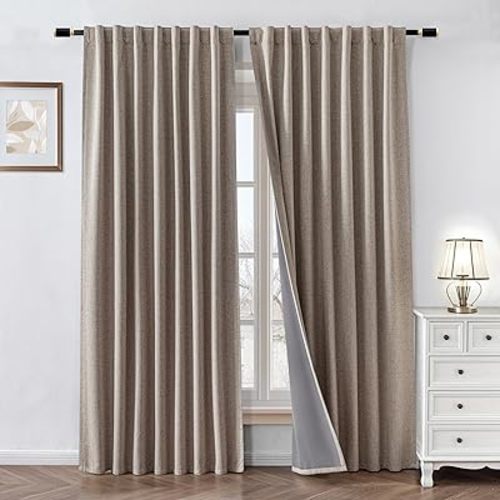 100% Blackout Curtains 84 inch Length 2 Panels Faux Linen Long Drapes for Bedroom Nursery Living Room Black Out Room Darkening Curtain Thermal Insulated Back Tab Rod Pocket(W52 x L84, Beige)