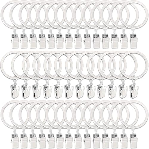 AMZSEVEN 40 Pack Metal Curtain Rings with Clips, Drapery Clips Hooks, Decorative Curtain Rod Clips 1.5 in Interior Diameter, Rustproof White