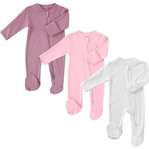 Baby 2 Way Zipper Girls Boys 100% Cotton Footed Sleep and Play with Mitten Cuffs 0-12 Months - Pale Violet Red & Pink & White - 0-3 Months