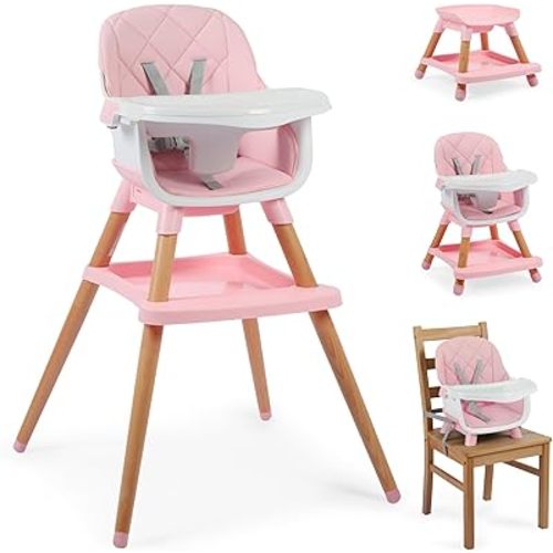 8 in 1 Wooden High Chairs for Babies Toddlers, Convertible to Booster Seat, Baby Feeding Highchair w/ 5-Point Safety Harness, Removable Tray & Cushion, Pink