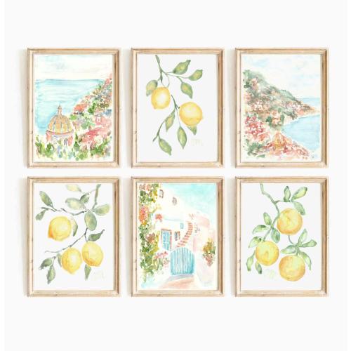 Set Of 6 Amalfi Italian Coast Watercolor & Italy Lemons Art