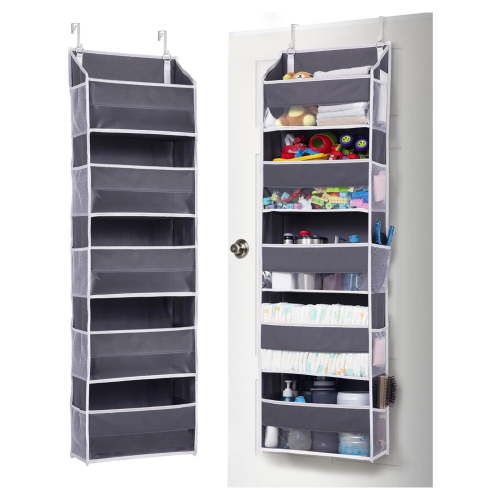 1 Pack Over Door Organizer with 5 Large Pockets 10 Mesh Side Pockets, 44 lbs Weight Capacity Hanging Storage Organizer with Clear Window Kids Toys, Shoes, Diapers, Dark Grey, 5 Layers