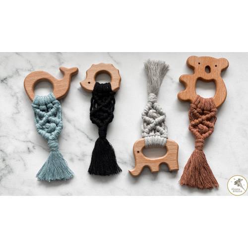 Sensory Wooden Animal Teether Toy, Boho Teething Toy, Organic Baby Toy, Non-Toxic Teether, Macrame and Wooden Baby Toy
