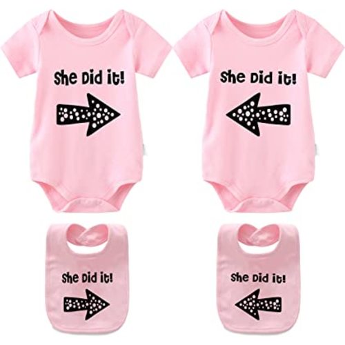 YSCULBUTOL Baby Twins Bodysuits He/She Did It Twin Outfit Girl Romper With Hat Set