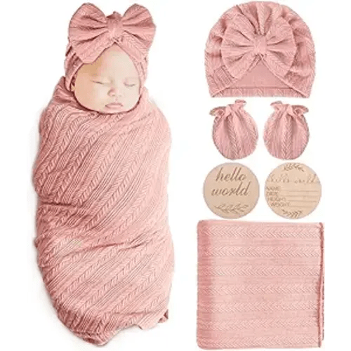 AQOKKA Newborn Receiving Blanket with Bow Hat Mittens Wooden Card Set Wheat-Pattern Newborns Toddler Baby Boy Girl Nursery Swaddle Wrap