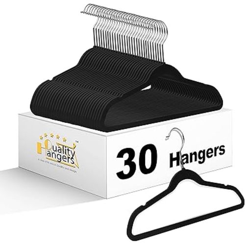 Quality Kids Plastic Hangers 30 Pack Non Velvet Non-Flocked Thin Compact Kids Hangers Swivel Hook for Shirts Blouse Coats (Black, 30)