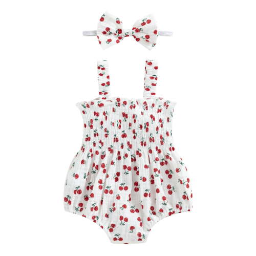 Musuos Baby Girl 2Pcs Summer Outfits, 3 6 12 18M Sleeveless Cherry/Carrot/Tree Print Romper with Headband