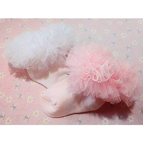 Baby tutu mesh socks,ruffled socks, ruffled lace socks. 0-6 months, 6-12 months, 12-24 months, and 2-3 years. White or baby pink.