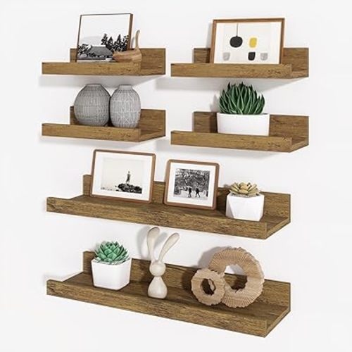 Axeman Picture Ledge Shelf, Floating Shelves for Storage Set of 6, 16 inch Floating Wall Mounted Shelves, Wall Shelves with Lip for Living Room, Bedroom, Nursery, Bathroom, Kitchen, Rustic Brown