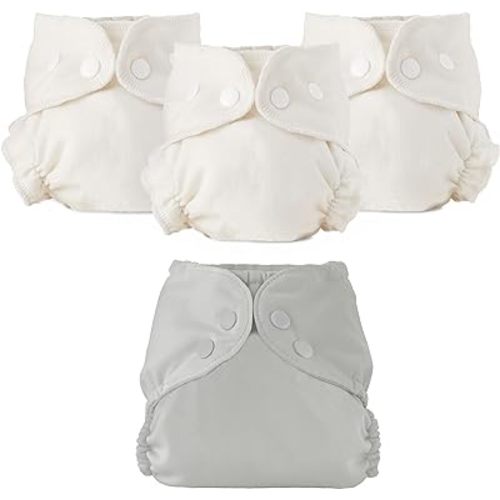 Esembly Cloth Diaper Bundle Set, 3 Organic Absorbent Inners and 1 Waterproof Recycled Diaper Cover, Reusable Washable Diapers with Snap Closure, Size 1 (7-17lbs), Dove