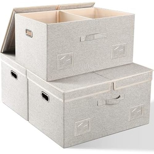 Graciadeco 75 Quarts Extra Large Decorative Storage Bins with Lids, 3 Packs Beige Collapsible Storage Bins with Lids, Stackable Storage Bins Decorative Box Storage With Lid Extra Large