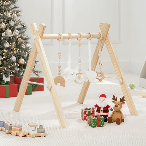 Comfy Cubs Wooden Baby Play Gym - Natural Finish Pinewood Baby Activity Gym with 5 Sensory Hanging Toys - Easy No-Tool Assembly, Safe and Durable for Infant Motor and Visual Development - Natural Wood