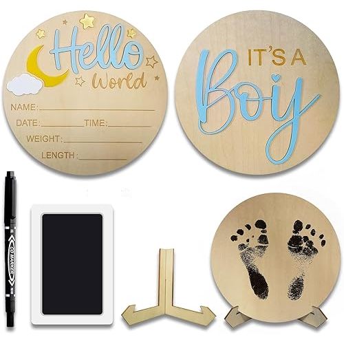 2Pcs Baby Announcement Sign Set, 5.9 Inch Hello World Newborn Sign and IT’S A Boy Welcome Signs, Baby Name Sign with Ink Pad for Hand & Footprints, 3D Wooden Birth Gifts for Hospital Shower Nursery