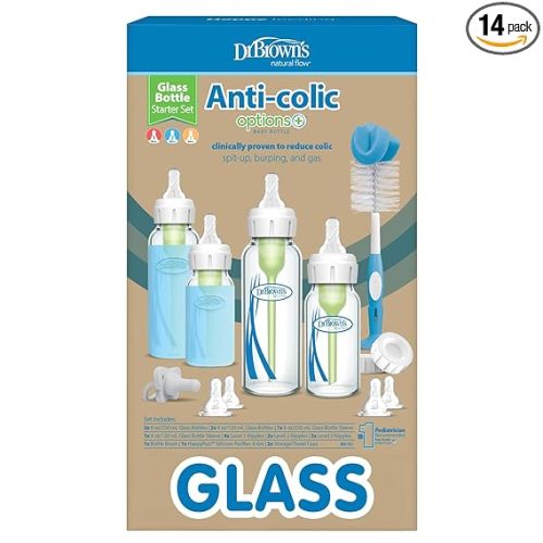 Dr. Brown's Anti-Colic Options+ Narrow Glass Baby Bottle Starter Set with Silicone Bottle Sleeves, Levels 1, 2, and 3 Nipples, Soft Touch Cleaning Brush, Storage/Travel Caps, and HappyPaci
