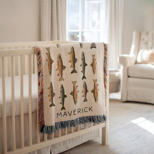 Customized Rainbow Trout Blanket Fishing Blanket Boys Fish Name Blanket Fishing Baby Blanket Trout Woven Blanket Fishing Gifted Baby Shower