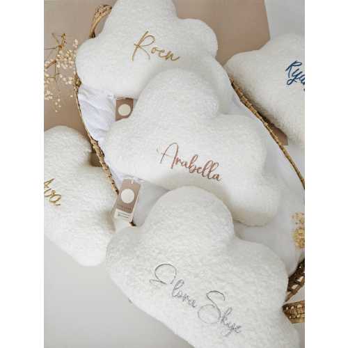 Personalised Baby Cloud Cushion, Nursery Neutral Decor, Boucle Teddy, Decorative Pillow, Baby Shower Gift, Linen Star, Name Announcement