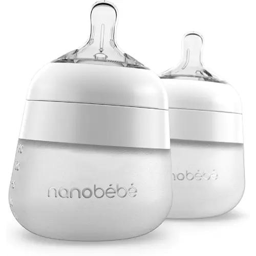 Nanobébé Flexy Silicone Baby Bottle, Anti-Colic, Natural Feel, Non-Collapsing Nipple, Non-Tip Stable Base, Easy to Clean 2-Pack, White, 5 oz