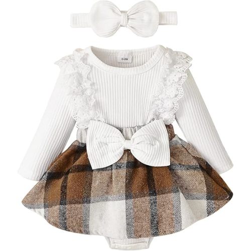 Baby Girl Clothes Fall Winter Outfit Plaid Romper Long Sleeve Dress Lace Ruffles Bodysuit with Bow Headband