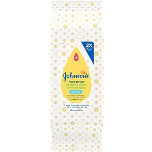 Johnson's Head-to-Toe Gentle Baby Cleansing Cloths, Hypoallergenic and Pre-Moistened Baby Bath Wipes, Free of Parabens, Phthalates, Alcohol, Dyes and Soap, 15 ct