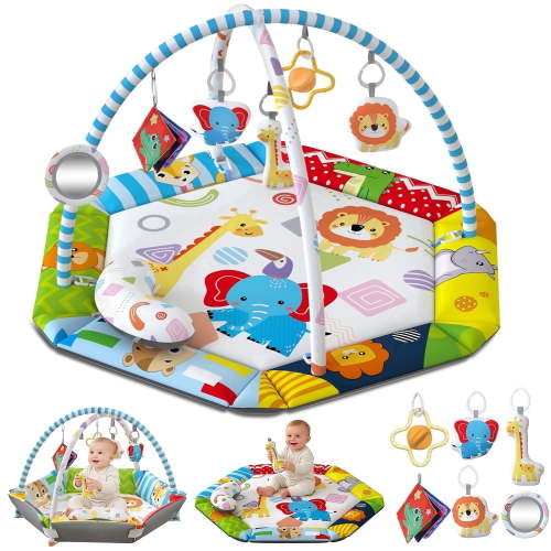 JoyStone Baby Gym Play Mat, Washable Activity Mat with 6 Detachable Toys, Tummy Time for Infant 0-18 Months, Grey