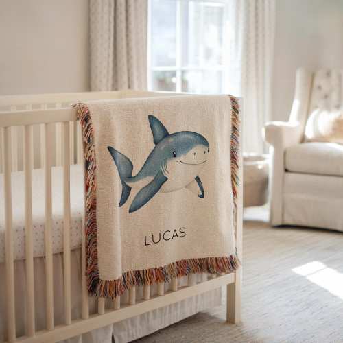 Personalized Shark Baby Blanket, Ocean Theme Nursery Throw with Name, Baby Shower Gift for Boys, Custom Woven Shark Blanket, Baby Shark Gift