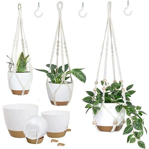 Hanging Planters with Macrame Plant Hangers for Indoor Outdoor Plants 3 Set Self Watering Pots Hanging Baskets Flower Pot Holders 3 Different Size