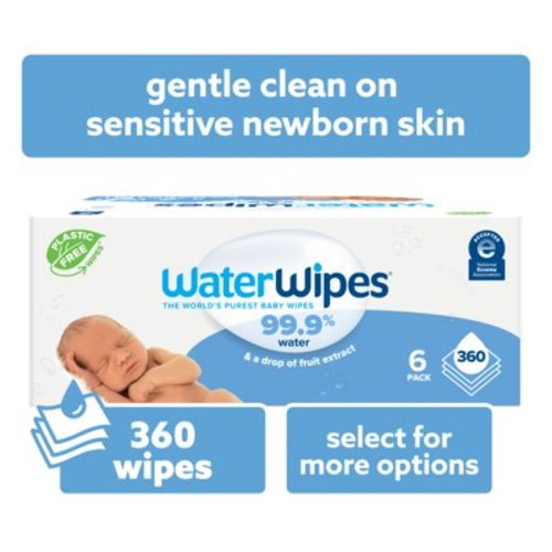 WaterWipes Original 99.9% Water Based Baby Wipes, Unscented, 6 Resealable Packs (360 Wipes)