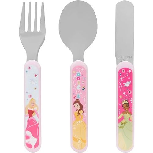 Disney Princess 3 Piece Cutlery Set - Metal, Reusable Children's Knife, Fork & Spoon, Kids-Size, Made from Food-Safe Stainless Steel & ABS Plastic - with Belle, Tiana & Aurora - for 36 Months & Up