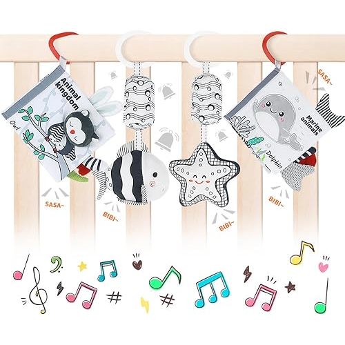 Baby Activity Hanging Toys, Black and White High Contrast Baby Sensory Toys Soft Plush Animal Rattles with Soothing Sounds, Ideal for Newborns to Toddlers (4 Pack) (Ocean)