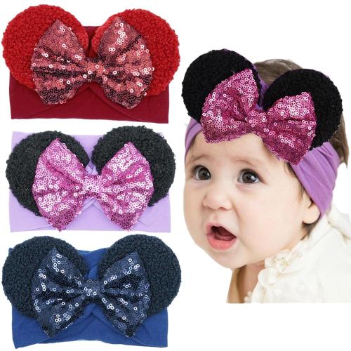 3PCS Baby Girl Mouse Ears Headbands with Sequin Bow, Wide Nylon Turban Hairband, Theme Park Headwear, Hair Bow Headband for Toddler, Kids, Party Supplies