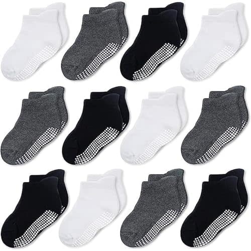 CozyWay Baby & Toddler Socks with Grippers Non Slip Ankle Grip Socks For Boys and Girls Babies - Comfy Soft Cotton - 12 Pack