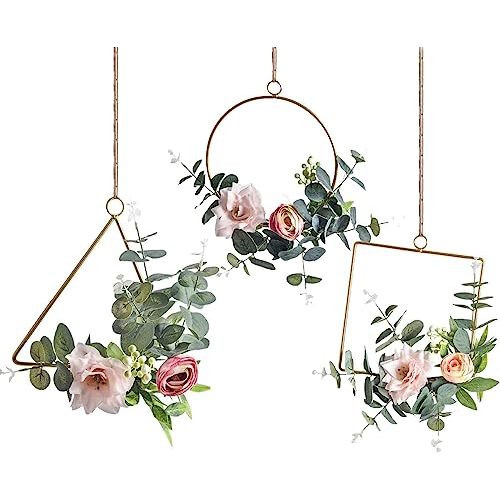Fermus Floral Hoop Wreaths Set of 3 Artificial Flower Hanging Wall Hoop Garland with Pink Clematis Tea Rose Flowers and Green Eucalyptus Leaves for Wedding Nursery Wall Decor