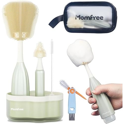 Baby Bottle Brush Set, Push-Press Design Silicone Bottle Brush Can Generate Foam - Travel Cleaner Brush for Baby Bottles, Breast Pumps, Nipples, and More(with Storage Bag)
