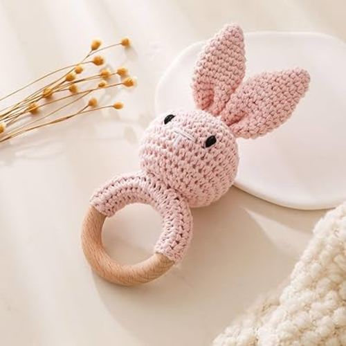 Wooden Baby Rattle,Crochet Bunny Rattle with Wood Ring, Newborn Wooden Animal Rattle Toy,Infant Pink Bunny Wood Rattle Toys,Bunny-3